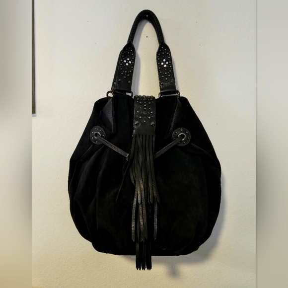 G SERIES Blk Suede Rhinestone Emb. Tassel Fringe Handbag-EUC - Picture 2 of 8